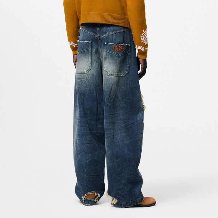 NIGO Louis Vuitton Men's Four Seasons Fashion Hole Retro High Street Old Washed Jeans Straight Wide Leg Pants  Ngvp #nigo9131