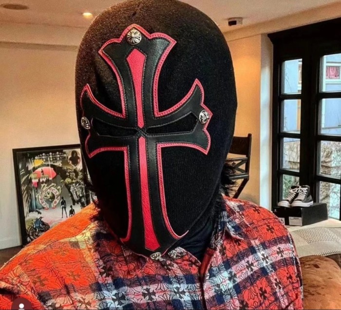 NIGO Chrome Hearts Men's Black and Red Cross Patchwork Leatherface Photo Hooded Hat Cap #nigo72853