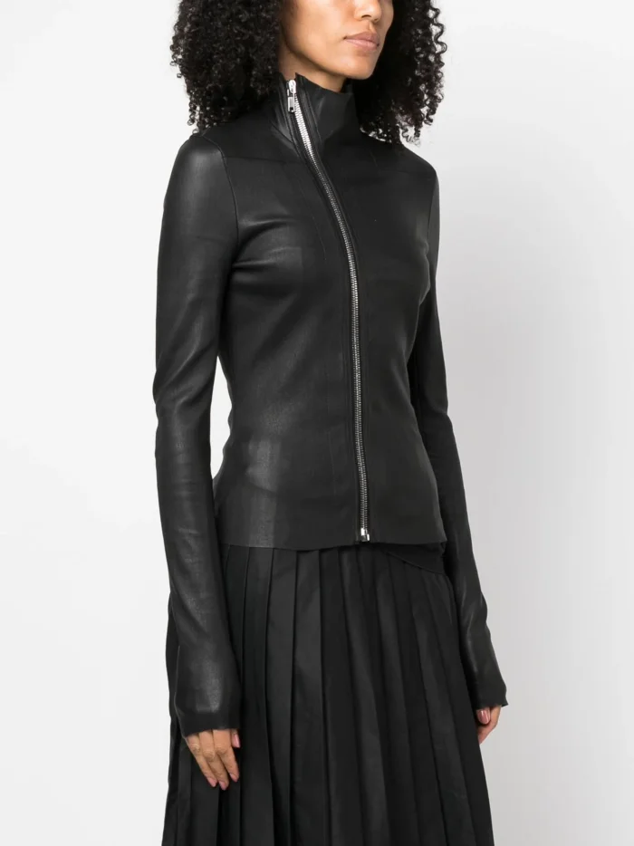 NIGO Rick Owens Women's Spring And Autumn Solid Color Lambskin Asymmetric Zipper Slim Long Sleeve Leather Jacket Ngvp #nigo9176