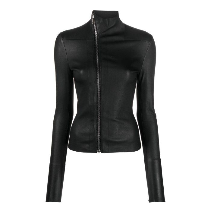 NIGO Rick Owens Women's Spring And Autumn Solid Color Lambskin Asymmetric Zipper Slim Long Sleeve Leather Jacket Ngvp #nigo9176