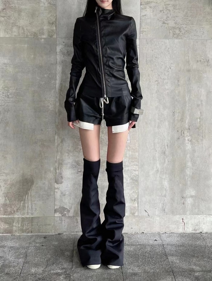 NIGO Rick Owens Women's Spring And Autumn Solid Color Lambskin Asymmetric Zipper Slim Long Sleeve Leather Jacket Ngvp #nigo9176
