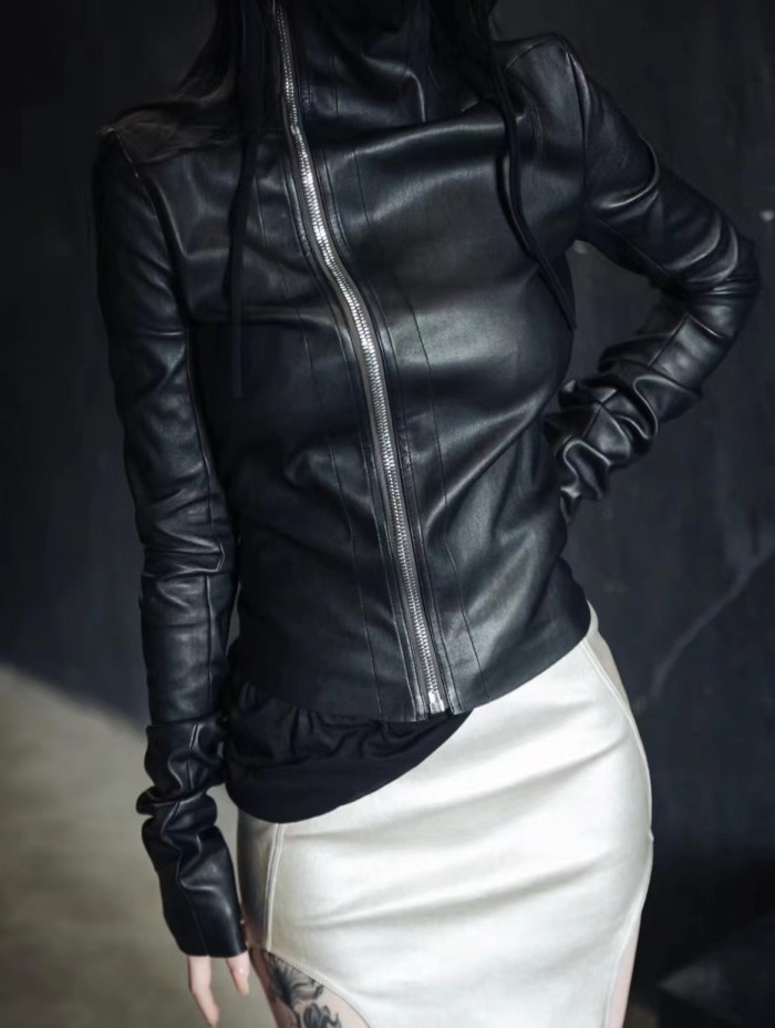 NIGO Rick Owens Women's Spring And Autumn Solid Color Lambskin Asymmetric Zipper Slim Long Sleeve Leather Jacket Ngvp #nigo9176