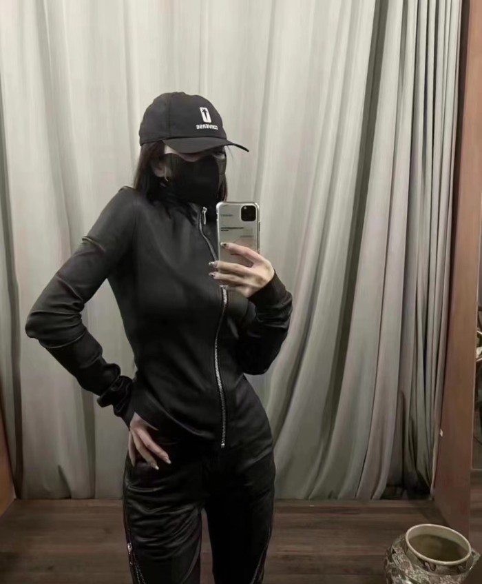 NIGO Rick Owens Women's Spring And Autumn Solid Color Lambskin Asymmetric Zipper Slim Long Sleeve Leather Jacket Ngvp #nigo9176