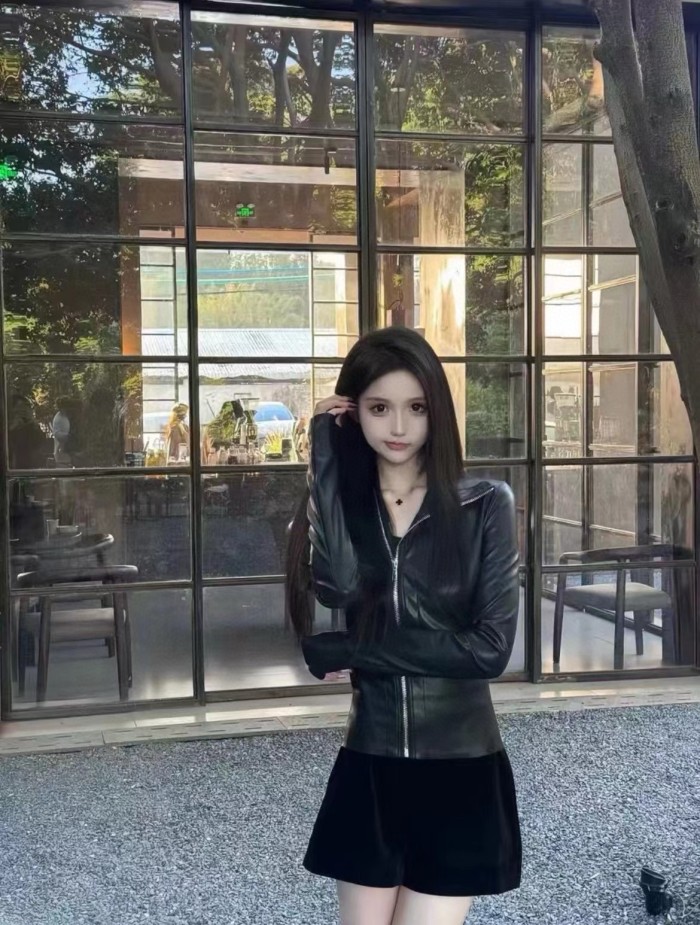 NIGO Rick Owens Women's Spring And Autumn Solid Color Lambskin Asymmetric Zipper Slim Long Sleeve Leather Jacket Ngvp #nigo9176