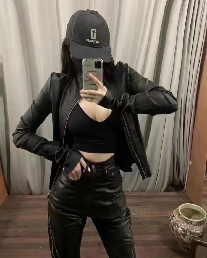NIGO Rick Owens Women's Spring And Autumn Solid Color Lambskin Asymmetric Zipper Slim Long Sleeve Leather Jacket Ngvp #nigo9176