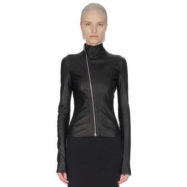 NIGO Rick Owens Women's Spring And Autumn Solid Color Lambskin Asymmetric Zipper Slim Long Sleeve Leather Jacket Ngvp #nigo9176