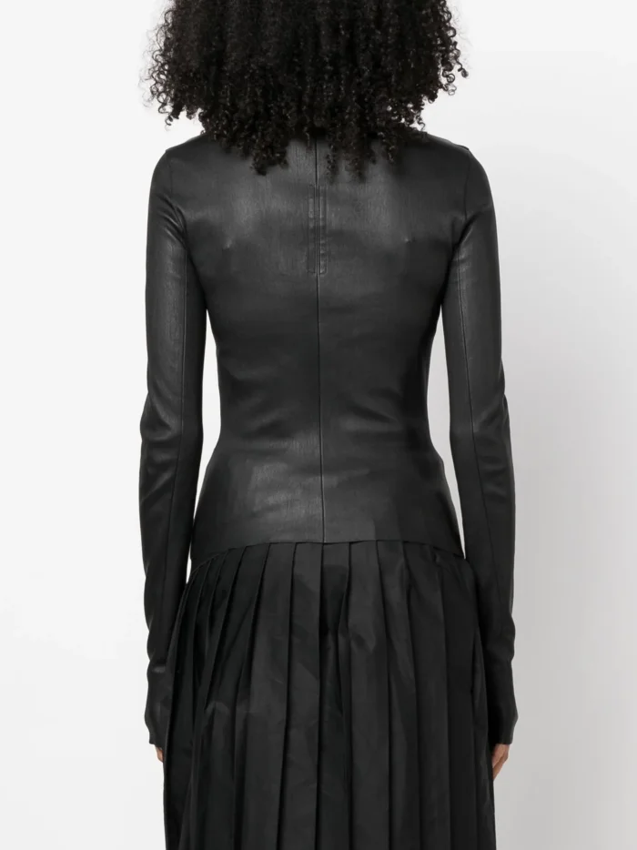 NIGO Rick Owens Women's Spring And Autumn Solid Color Lambskin Asymmetric Zipper Slim Long Sleeve Leather Jacket Ngvp #nigo9176