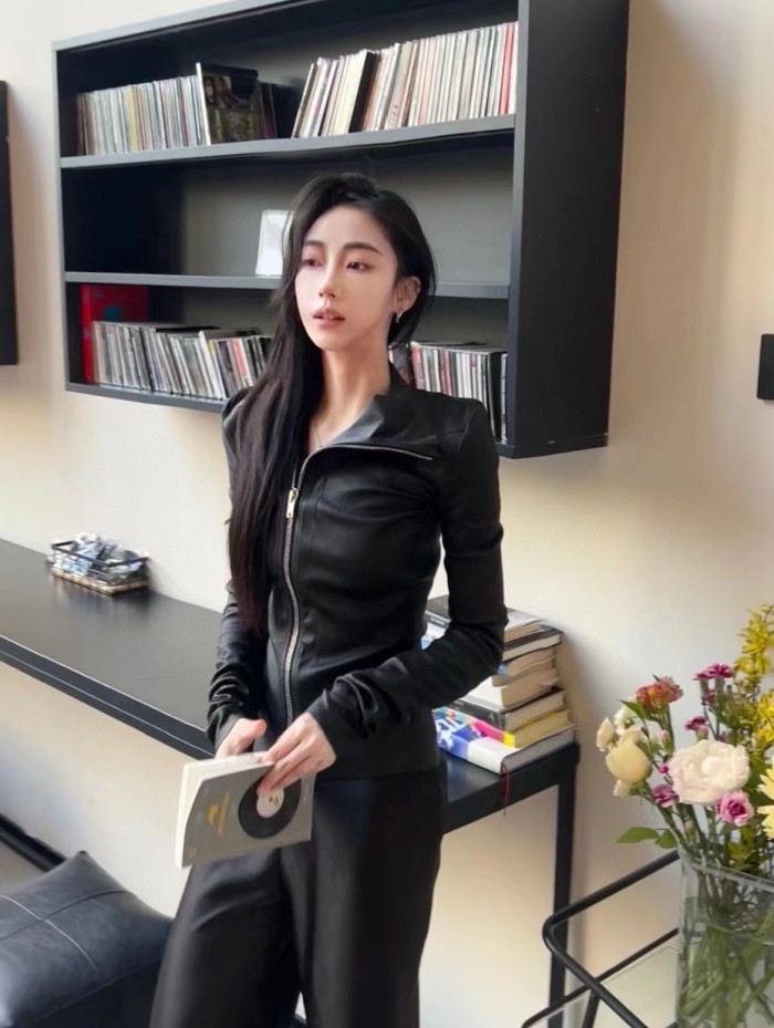 NIGO Rick Owens Women's Spring And Autumn Solid Color Lambskin Asymmetric Zipper Slim Long Sleeve Leather Jacket Ngvp #nigo9176