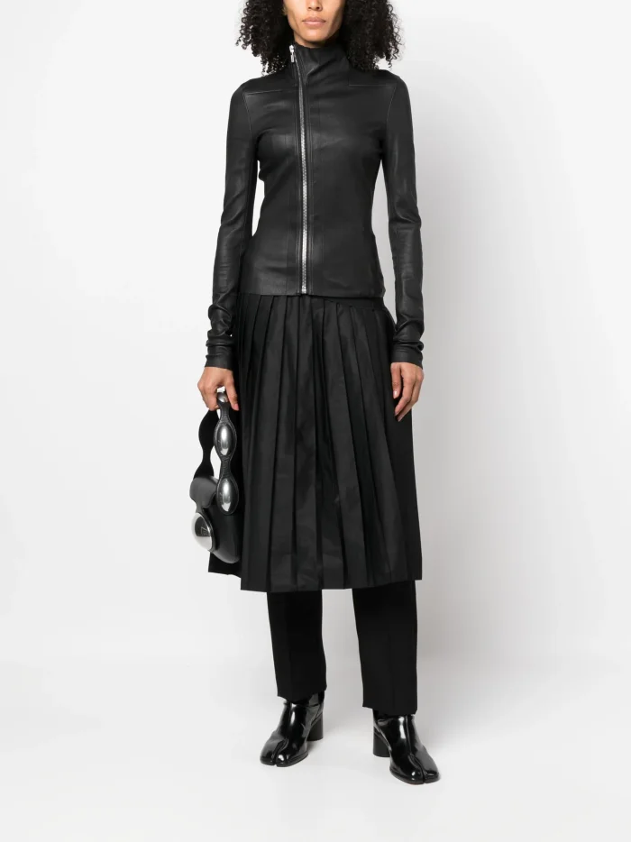 NIGO Rick Owens Women's Spring And Autumn Solid Color Lambskin Asymmetric Zipper Slim Long Sleeve Leather Jacket Ngvp #nigo9176