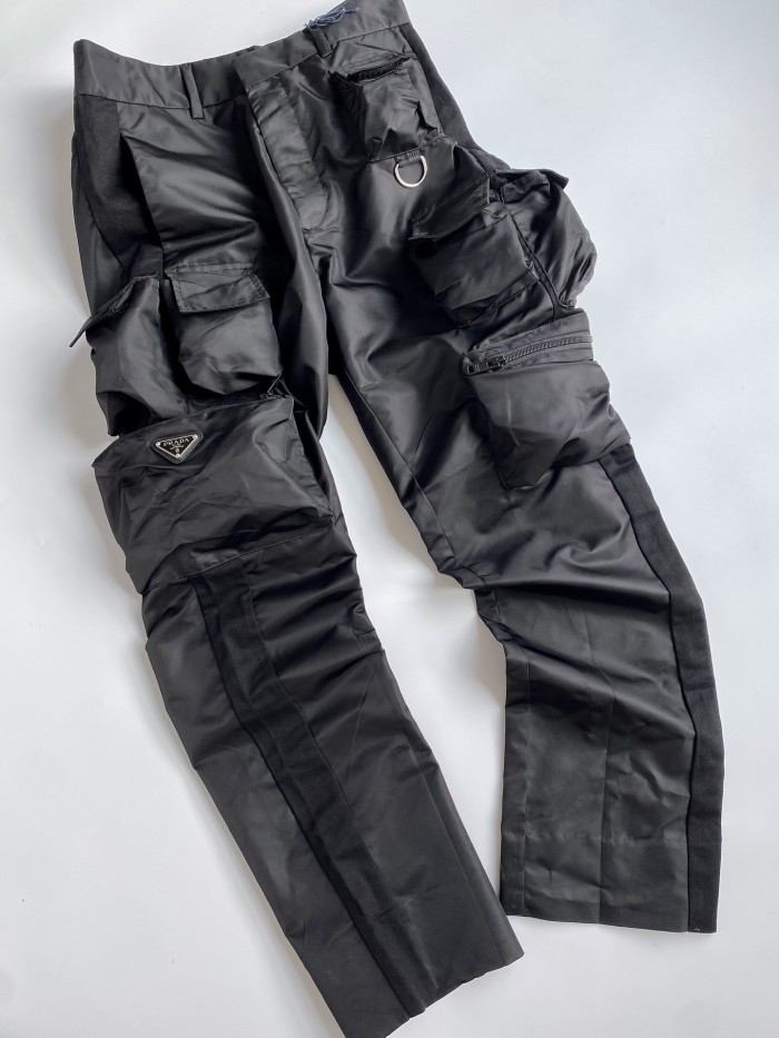 NIGO Prada Men's Spring and Autumn Black Triangle Label Multi-Pocket Zipper Nylon Workwear Long Pants #nigo72861