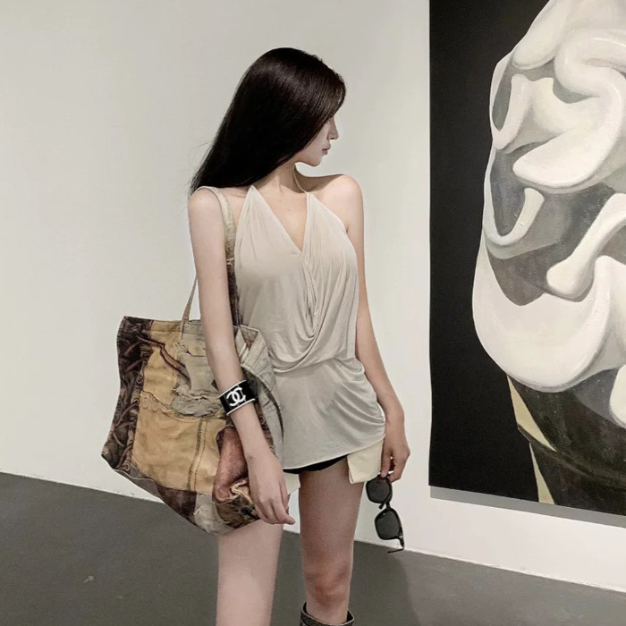 NIGO Rick Owens Women's Spring And Summer V-neck Halter Ruched Undershirt Top Solid Color Fashion Versatile Backless Tops Ngvp #nigo9143