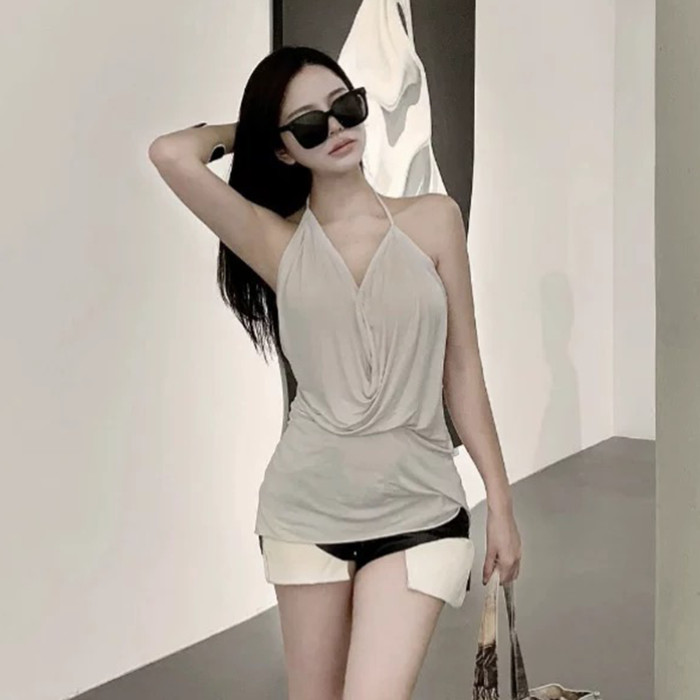 NIGO Rick Owens Women's Spring And Summer V-neck Halter Ruched Undershirt Top Solid Color Fashion Versatile Backless Tops Ngvp #nigo9143