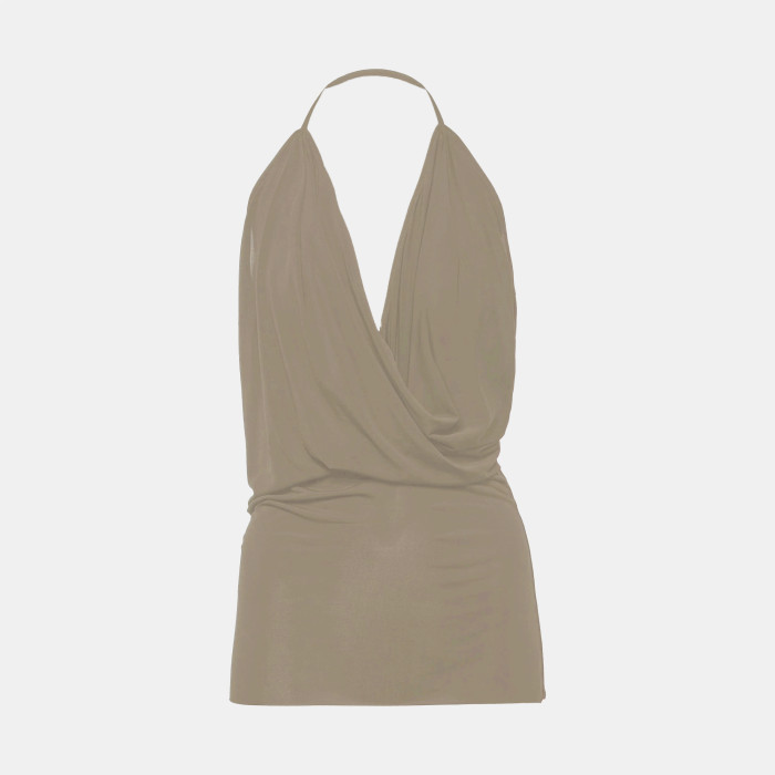 NIGO Rick Owens Women's Spring And Summer V-neck Halter Ruched Undershirt Top Solid Color Fashion Versatile Backless Tops Ngvp #nigo9143