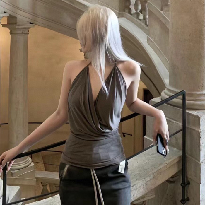 NIGO Rick Owens Women's Spring And Summer V-neck Halter Ruched Undershirt Top Solid Color Fashion Versatile Backless Tops Ngvp #nigo9143
