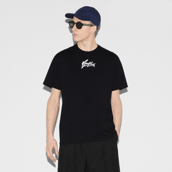 NIGO Gucci Men's Spring And Summer All Black Letters Printed Knitted Cotton T-shirt Retro Fashion Loose Short-sleeved T-shirt #nigo71485