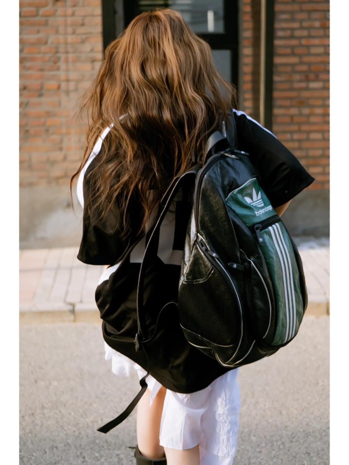 NIGO Balenciaga X Adidas Men's Embossed Logo Zipper Closure Backpack Casual Stripe Solid Leather Shoulder Bag #nigo71465