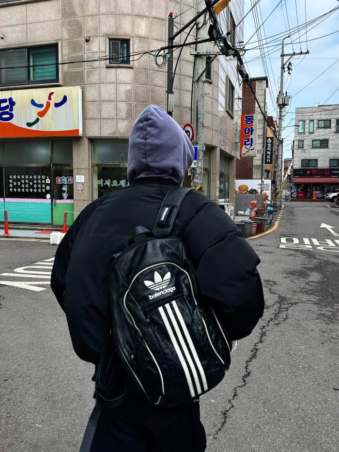 NIGO Balenciaga X Adidas Men's Embossed Logo Zipper Closure Backpack Casual Stripe Solid Leather Shoulder Bag #nigo71465