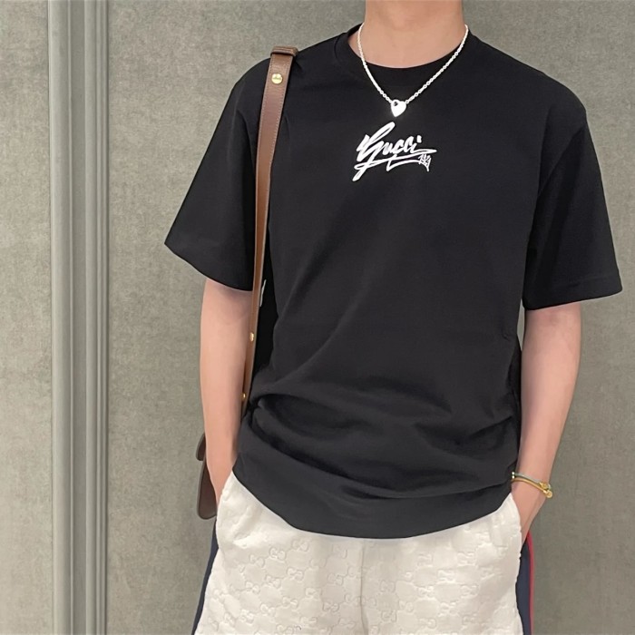 NIGO Gucci Men's Spring And Summer All Black Letters Printed Knitted Cotton T-shirt Retro Fashion Loose Short-sleeved T-shirt #nigo71485