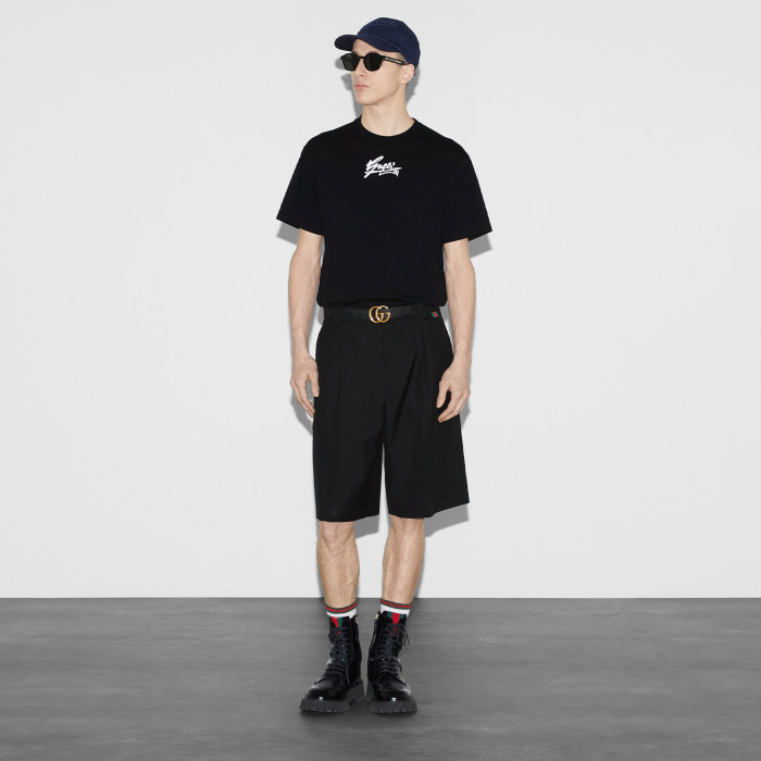 NIGO Gucci Men's Spring And Summer All Black Letters Printed Knitted Cotton T-shirt Retro Fashion Loose Short-sleeved T-shirt #nigo71485
