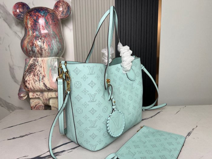 NIGO Louis Vuitton Women's Fashion BLOSSOM Handbag Adjustable Shoulder Strap Perforated Logo Casual Leather Solid Color Bucket Bag #nigo71515