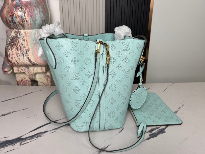 NIGO Louis Vuitton Women's Fashion BLOSSOM Handbag Adjustable Shoulder Strap Perforated Logo Casual Leather Solid Color Bucket Bag #nigo71515