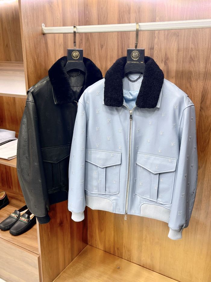 NIGO Louis Vuitton Men's Fall/winter Pilot Drawstring Jacket Solid Color Logo Jacquard Hair Collar Colorblocking Leather Jacket #nigo71553