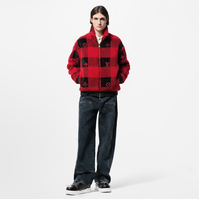 NIGO Louis Vuitton Men's Fall And Winter Plaid Lapel Zipper Fitted Damier Suede Drawstring Long Sleeve Waist Jacket #nigo71538