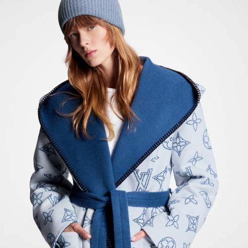 NIGO Louis Vuitton Women's Spring, Autumn And Winter Solid Color Logo Reversible Signature Short Hooded Wrap Wool Long Sleeve Lace-Up Coat #nigo71542