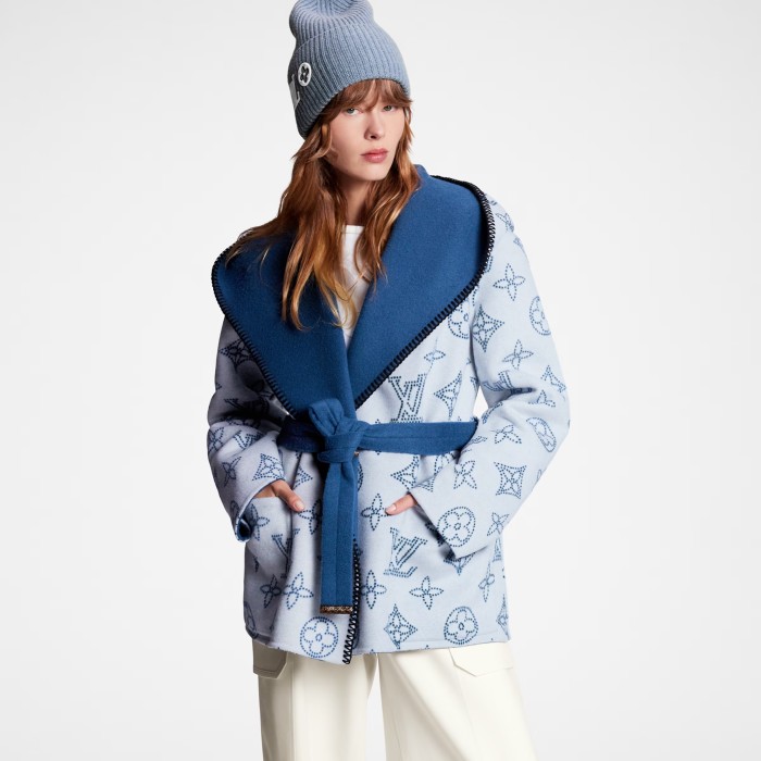 NIGO Louis Vuitton Women's Spring, Autumn And Winter Solid Color Logo Reversible Signature Short Hooded Wrap Wool Long Sleeve Lace-Up Coat #nigo71542