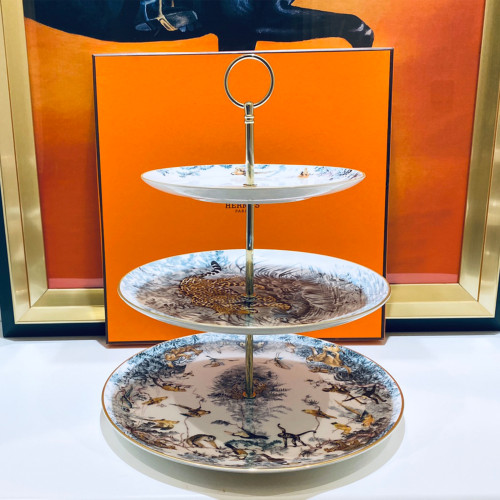 NIGO Hermes Equatorial Jungle Collection Bone China 3 Tier Fruit Plate Cake Stand Snack Plate 45% High Bone China Germany 24k Gold Wheel Hand Traced Gold Edge Snack Tray Place Settings Fruit Plate  #nigo71568