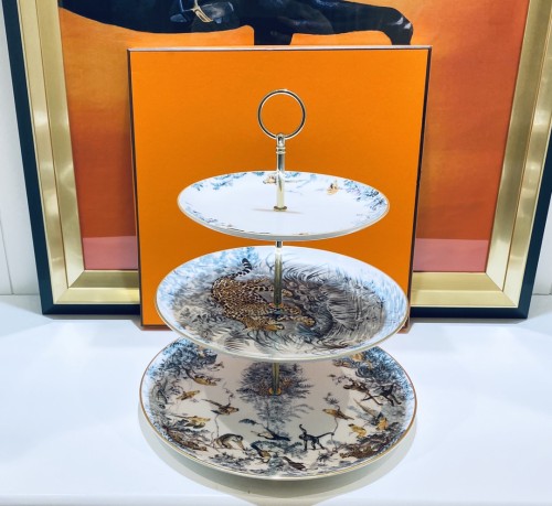 NIGO Hermes Equatorial Jungle Collection Bone China 3 Tier Fruit Plate Cake Stand Snack Plate 45% High Bone China Germany 24k Gold Wheel Hand Traced Gold Edge Snack Tray Place Settings Fruit Plate  #nigo71568