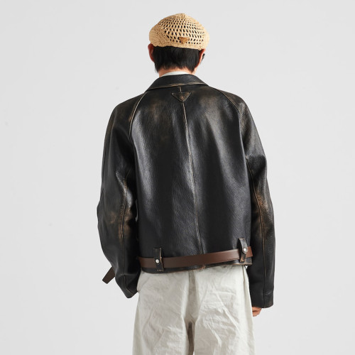 NIGO Prada Men's Women's Autumn and Winter Retro High Street Biker Style Leather Jacket Lapel Belt Zipper Jacket Coat  Ngvp #nigo9157