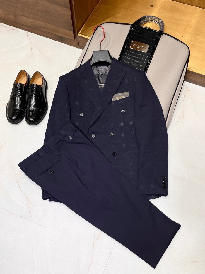 NIGO Louis Vuitton Men's Spring And Fall Solid Color Letters Dark Print Double Breasted Long Sleeved Suit Jacket Pants Suit Set #nigo72912