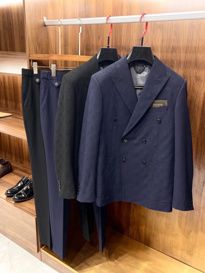NIGO Louis Vuitton Men's Spring And Fall Solid Color Letters Dark Print Double Breasted Long Sleeved Suit Jacket Pants Suit Set #nigo72912