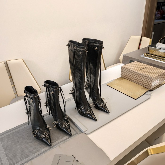 NIGO Balenciaga Women's Rivet Pointed Toe Side Zipper Thigh High Boots Motorcycle Style Shoes Fashion Cowhide Short Boots  Ngvp #nigo9222