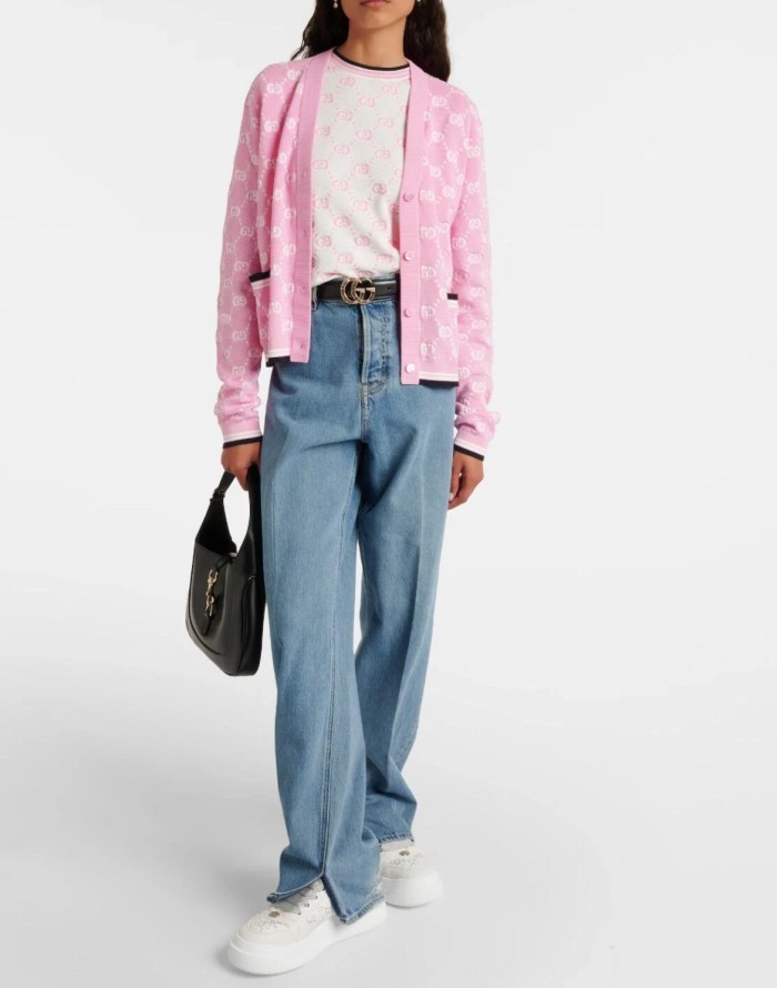 NIGO Gucci Women's Spring and Autumn Pink Logo Applique V-Neck Single Breasted Long Sleeve Knit Sweater Jacket #nigo72916