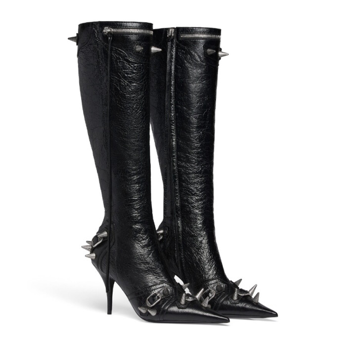 NIGO Balenciaga Women's Rivet Pointed Toe Side Zipper Thigh High Boots Motorcycle Style Shoes Fashion Cowhide Short Boots  Ngvp #nigo9222