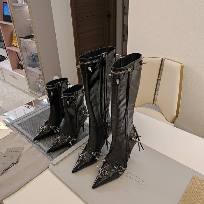 NIGO Balenciaga Women's Rivet Pointed Toe Side Zipper Thigh High Boots Motorcycle Style Shoes Fashion Cowhide Short Boots  Ngvp #nigo9222