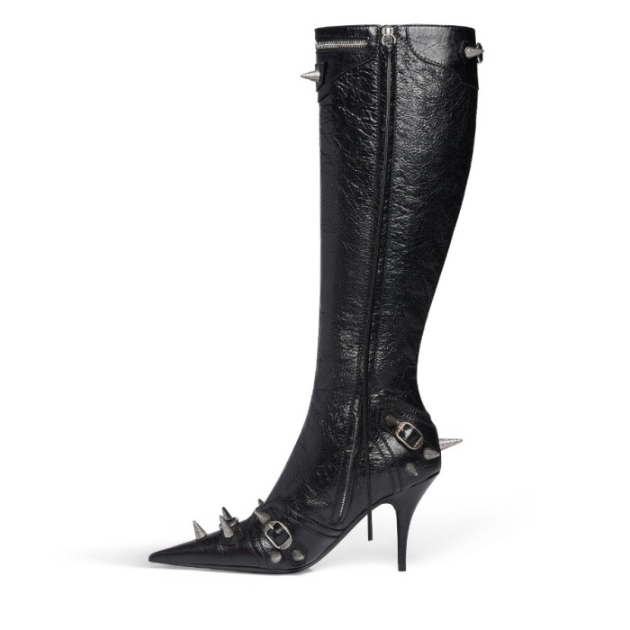 NIGO Balenciaga Women's Rivet Pointed Toe Side Zipper Thigh High Boots Motorcycle Style Shoes Fashion Cowhide Short Boots  Ngvp #nigo9222
