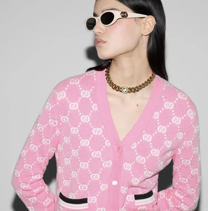 NIGO Gucci Women's Spring and Autumn Pink Logo Applique V-Neck Single Breasted Long Sleeve Knit Sweater Jacket #nigo72916