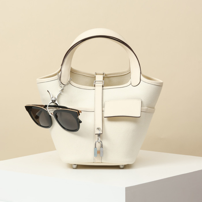 NIGO Hermes Picotin Cargo 18 Women's Bag Canvas Patchwork Leather Vegetable Basket Patchwork Leather Handbag  Bags With Accessory  Ngvp #nigo9229