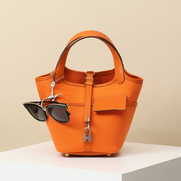 NIGO Hermes Picotin Cargo 18 Women's Bag Canvas Patchwork Leather Vegetable Basket Patchwork Leather Handbag  Bags With Accessory  Ngvp #nigo9229