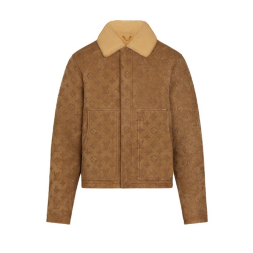 NIGO Louis Vuitton Monogram Embossed Sheepskin Lapel Single Breasted Long Sleeve Leather Jacket Zipper Fashion Vintage Hair Collar Jacket Coat #nigo71612