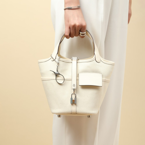 NIGO Hermes Picotin Cargo 18 Women's Bag Canvas Patchwork Leather Vegetable Basket Patchwork Leather Handbag  Bags With Accessory  Ngvp #nigo9229