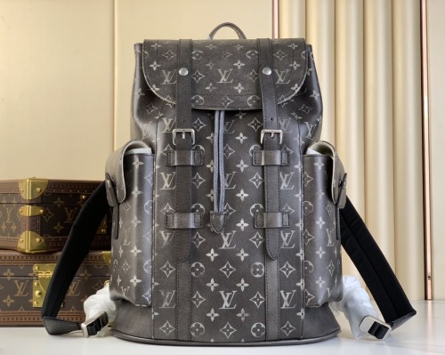NIGO Louis Vuitton CHRISTOPHER Men's Black Dark Logo Printed Drawstring Flap Closure Cowhide Leather Backpack Shoulder Bag #nigo72962