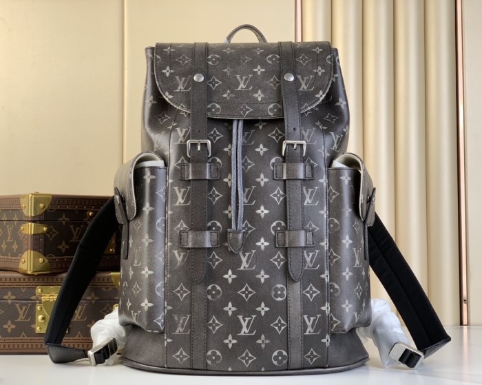 NIGO Louis Vuitton CHRISTOPHER Men's Black Dark Logo Printed Drawstring Flap Closure Cowhide Leather Backpack Shoulder Bag #nigo72962
