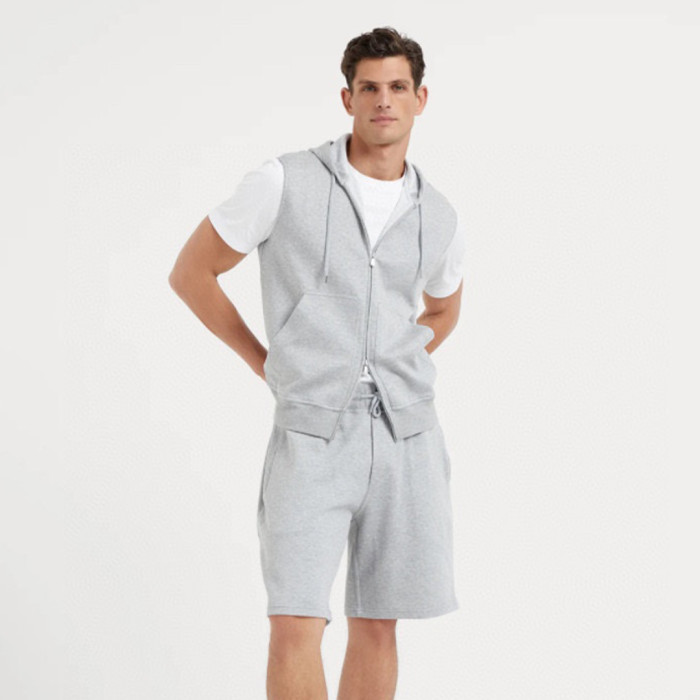 NIGO Brunello Cucinelli Men's Spring And Autumn Solid Color Zipper Drawstring Cotton Hooded Vest Casual Tie Shorts Ngvp #nigo9218