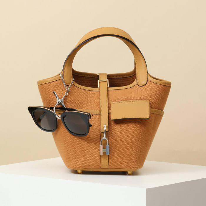 NIGO Hermes Picotin Cargo 18 Women's Bag Canvas Patchwork Leather Vegetable Basket Patchwork Leather Handbag  Bags With Accessory  Ngvp #nigo9229
