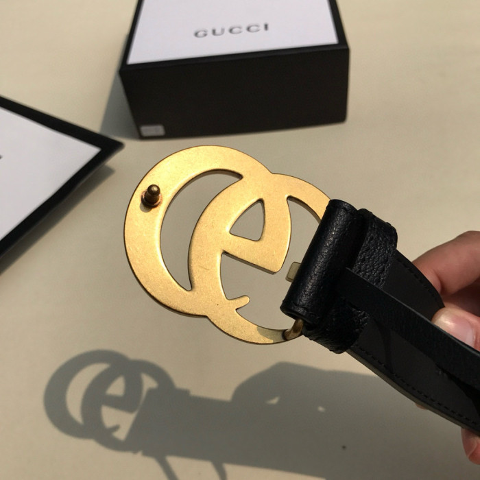 NIGO Gucci Men's and Women's Gold Double G Buckle Black Leather Belts #nigo98791
