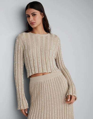 NIGO Brunello Cucinelli Women's Spring And Autumn Solid Color Striped Sequins Long Sleeve Short Round Neck Fitted Knit Sweater Casual High Waist A-line Half Skirt Ngvp #nigo9269